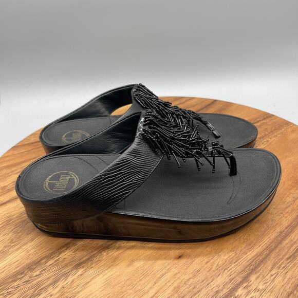 FitFlop Cha-Cha Sandals Womens Size 8 Black Beaded Thong Wedge Comfort Casual - Picture 1 of 8